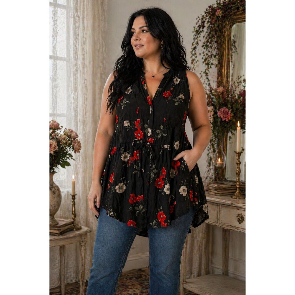 Torrid Floral Babydoll Blouse 1X 14/16 Black Red Boho Romantic Flowy Whimsigoth